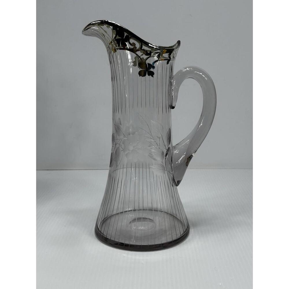 Antique Art Nouveau Martini Drink Pitcher Silver Overlay 11 1/2” Tall Engraved